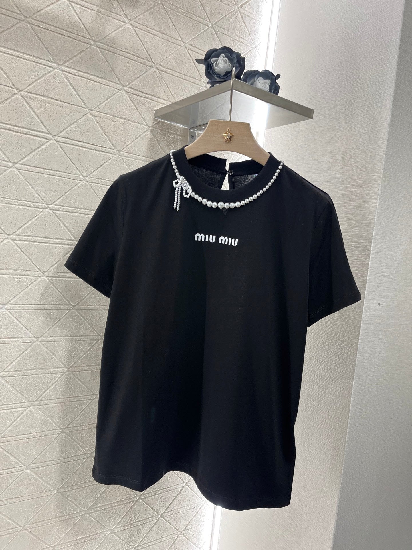 MI*MI*25 new pearl round neck simple fashion T-shirt