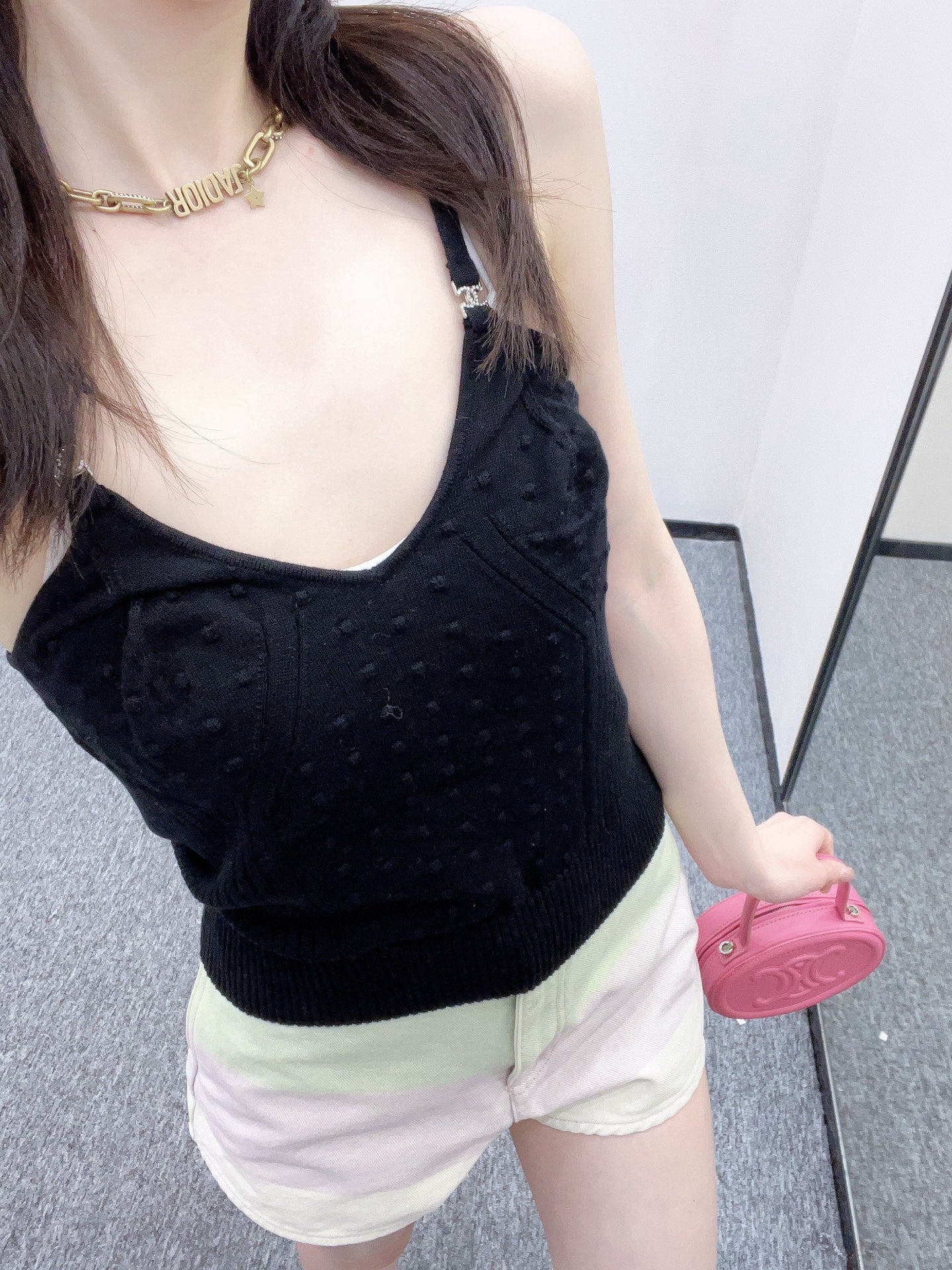 C*New Arrival Rhinestone Camisole Top Knitted Material