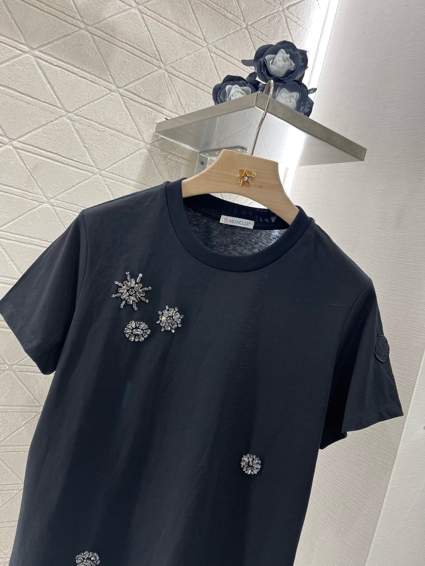 M*2025 new round neck beaded rhinestone short sleeves