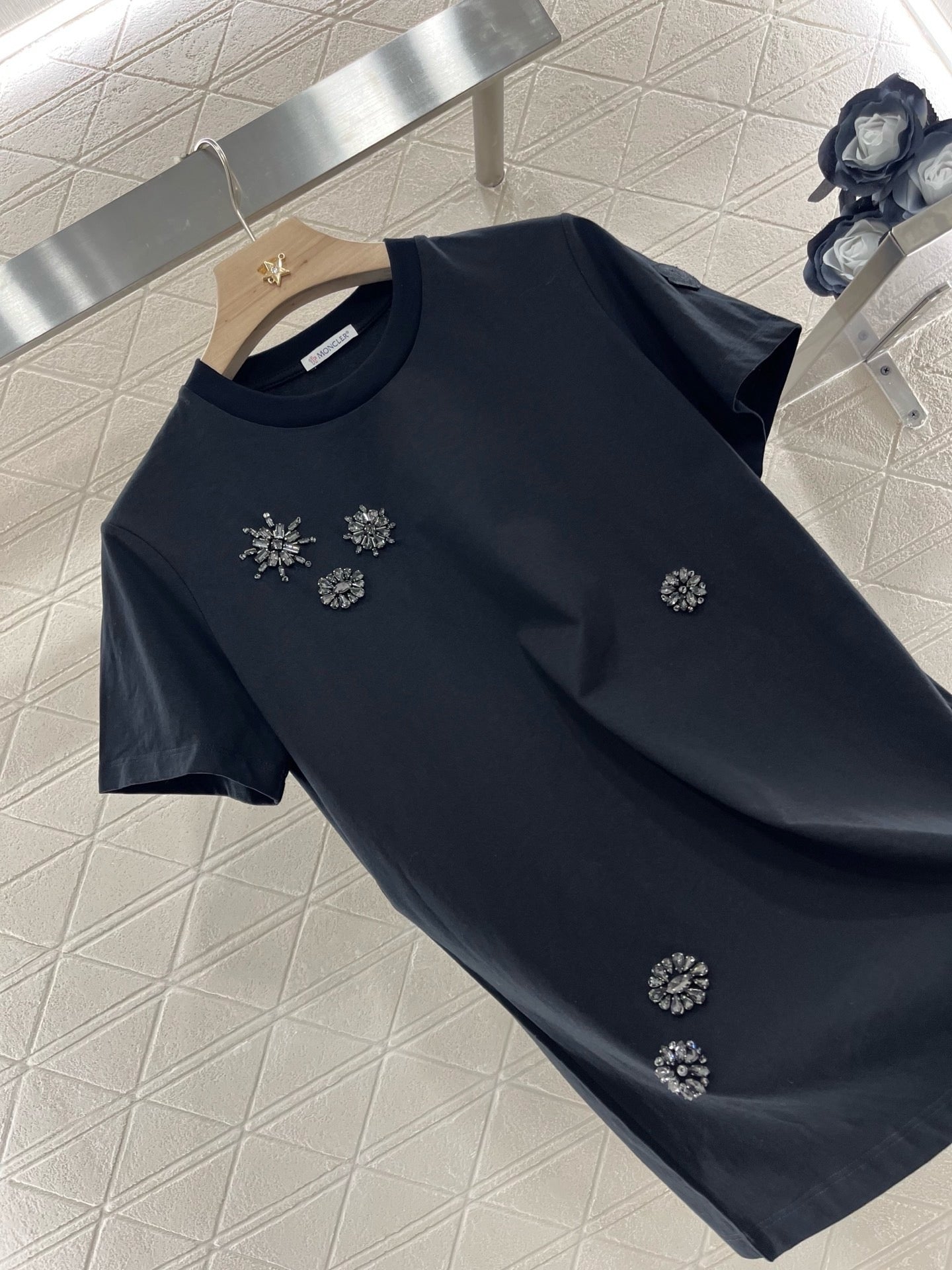 M*2025 new round neck beaded rhinestone short sleeves