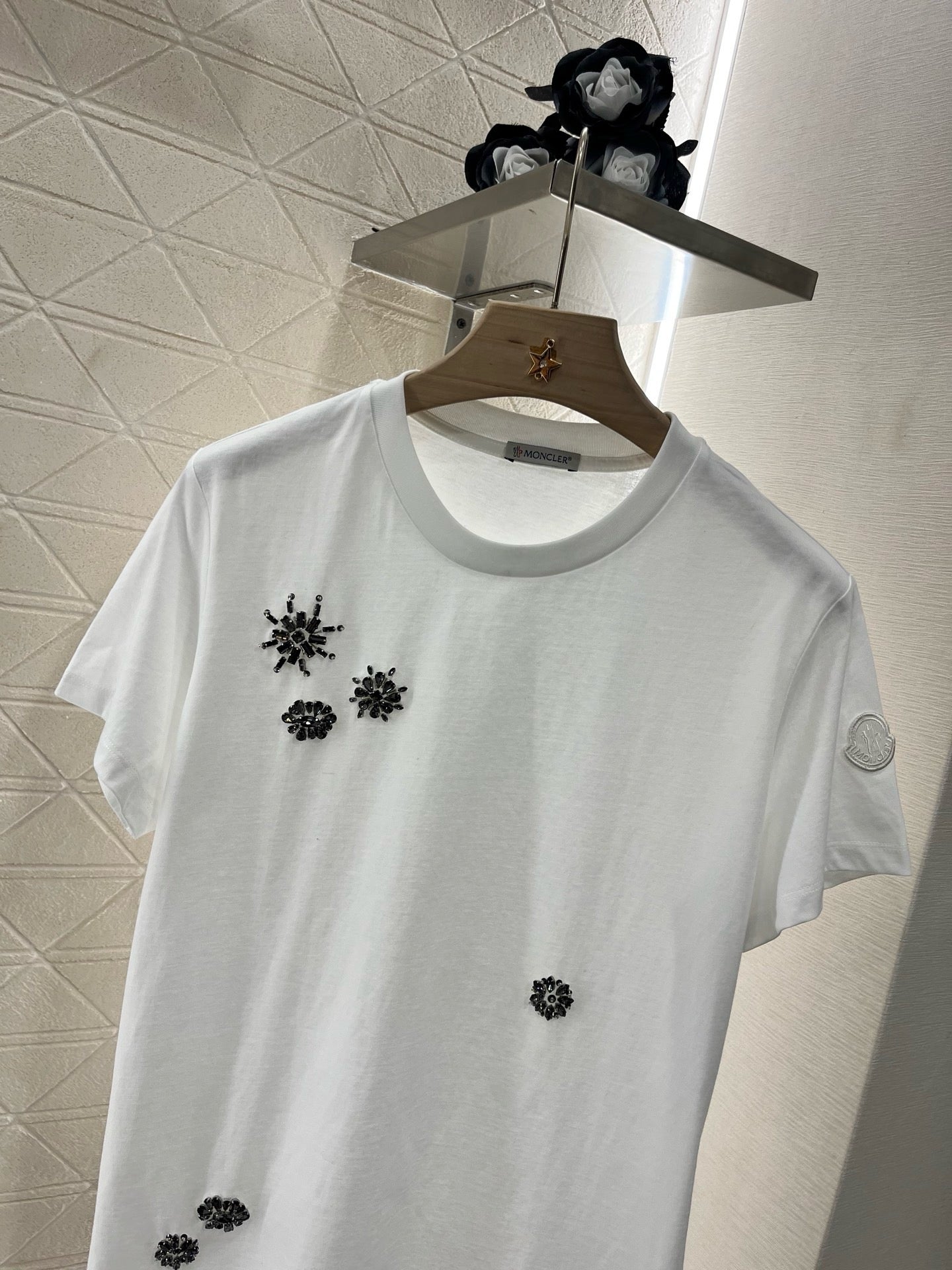 M*2025 new round neck beaded rhinestone short sleeves