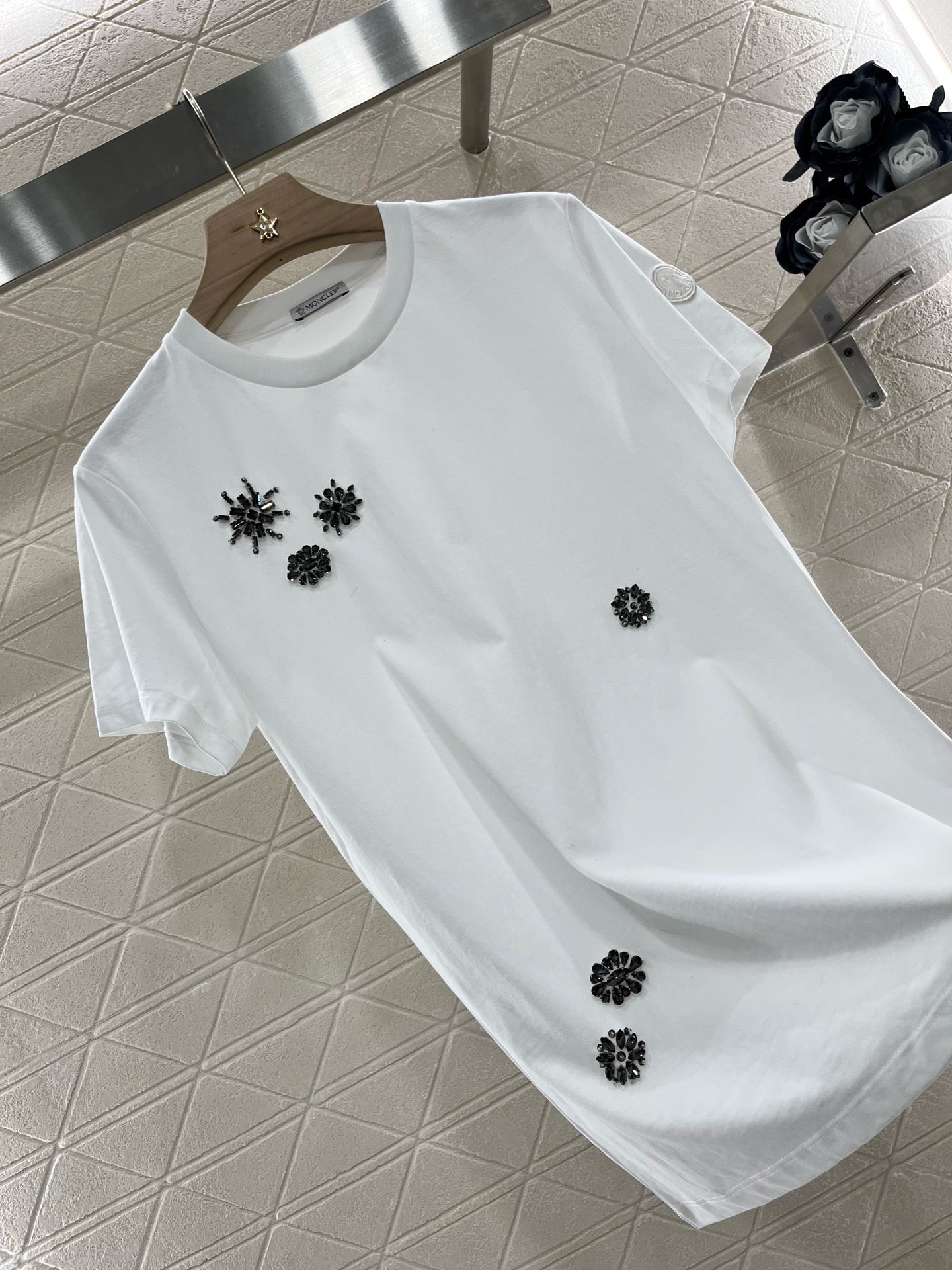 M*2025 new round neck beaded rhinestone short sleeves