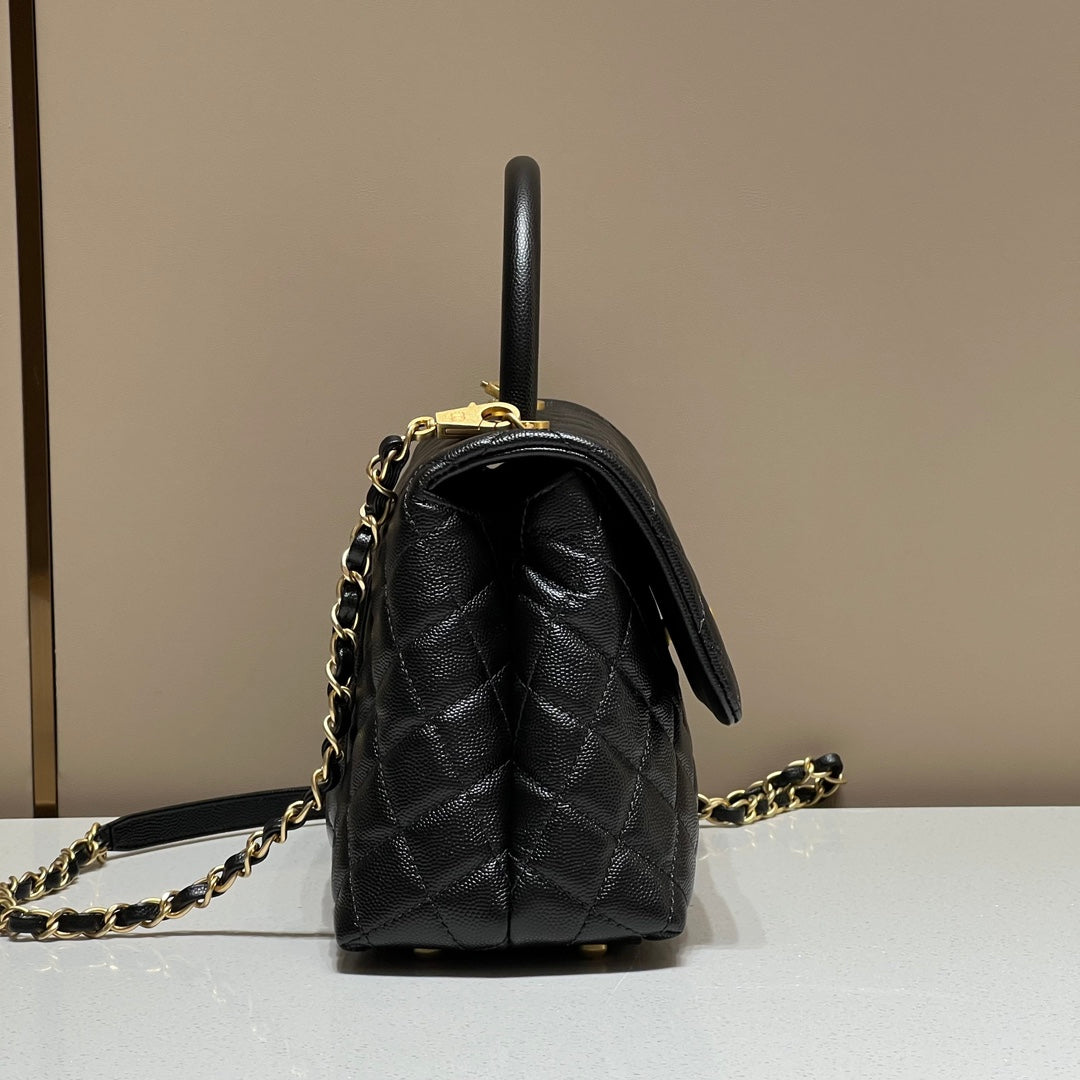 CH LARGE FLAP BAG WITH TOP HANDLE 29 Small Grained Calfskin Black