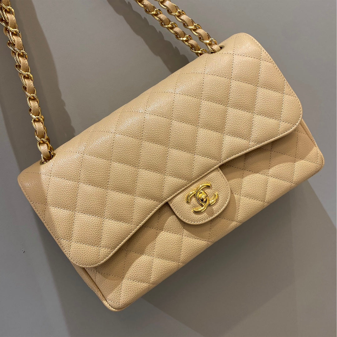 CH LARGE CLASSIC HANDBAG 30 Grained Calfskin Apricot