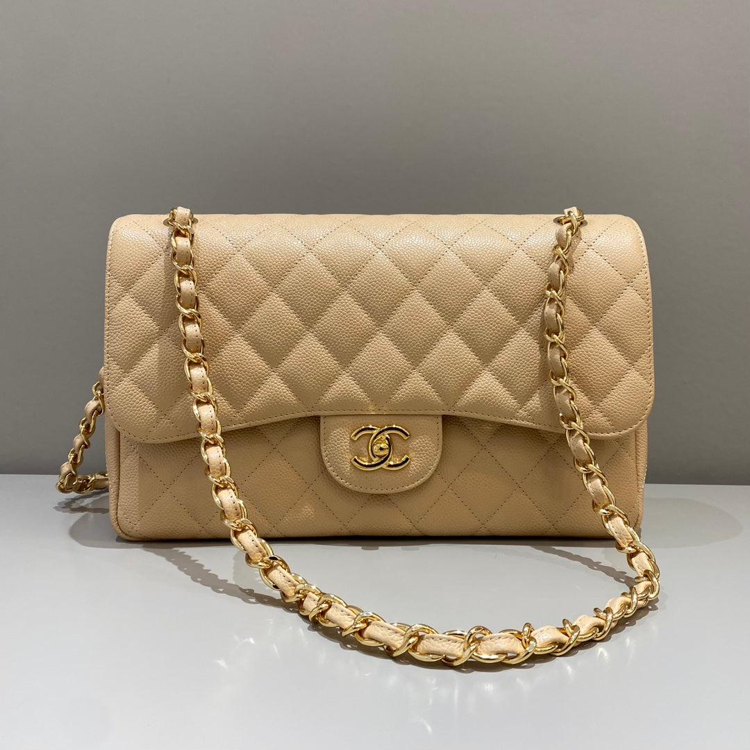 CH LARGE CLASSIC HANDBAG 30 Grained Calfskin Apricot