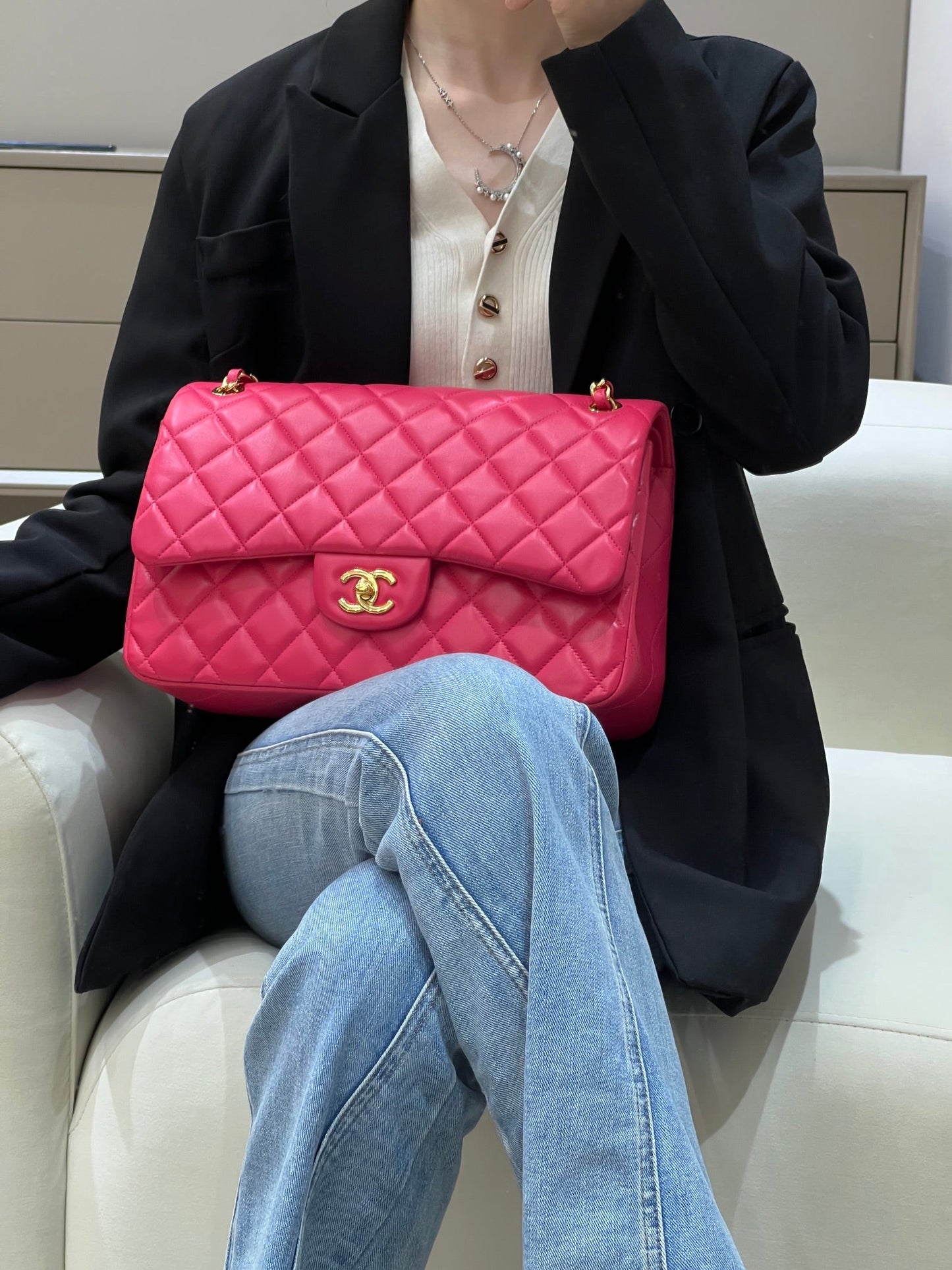 CH LARGE CLASSIC HANDBAG 30 Lambskin Rose Red