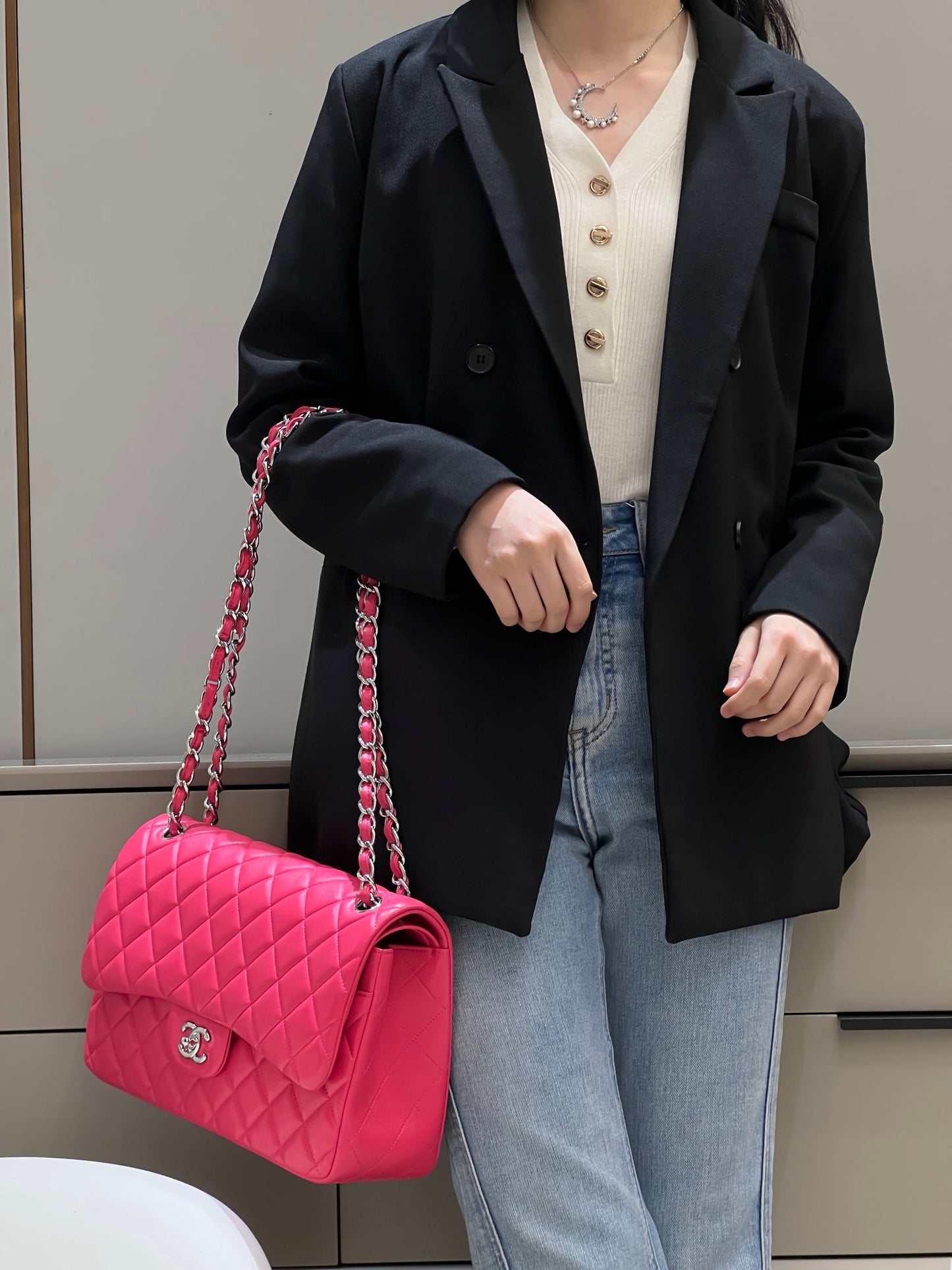CH LARGE CLASSIC HANDBAG 30 Lambskin Rose Red