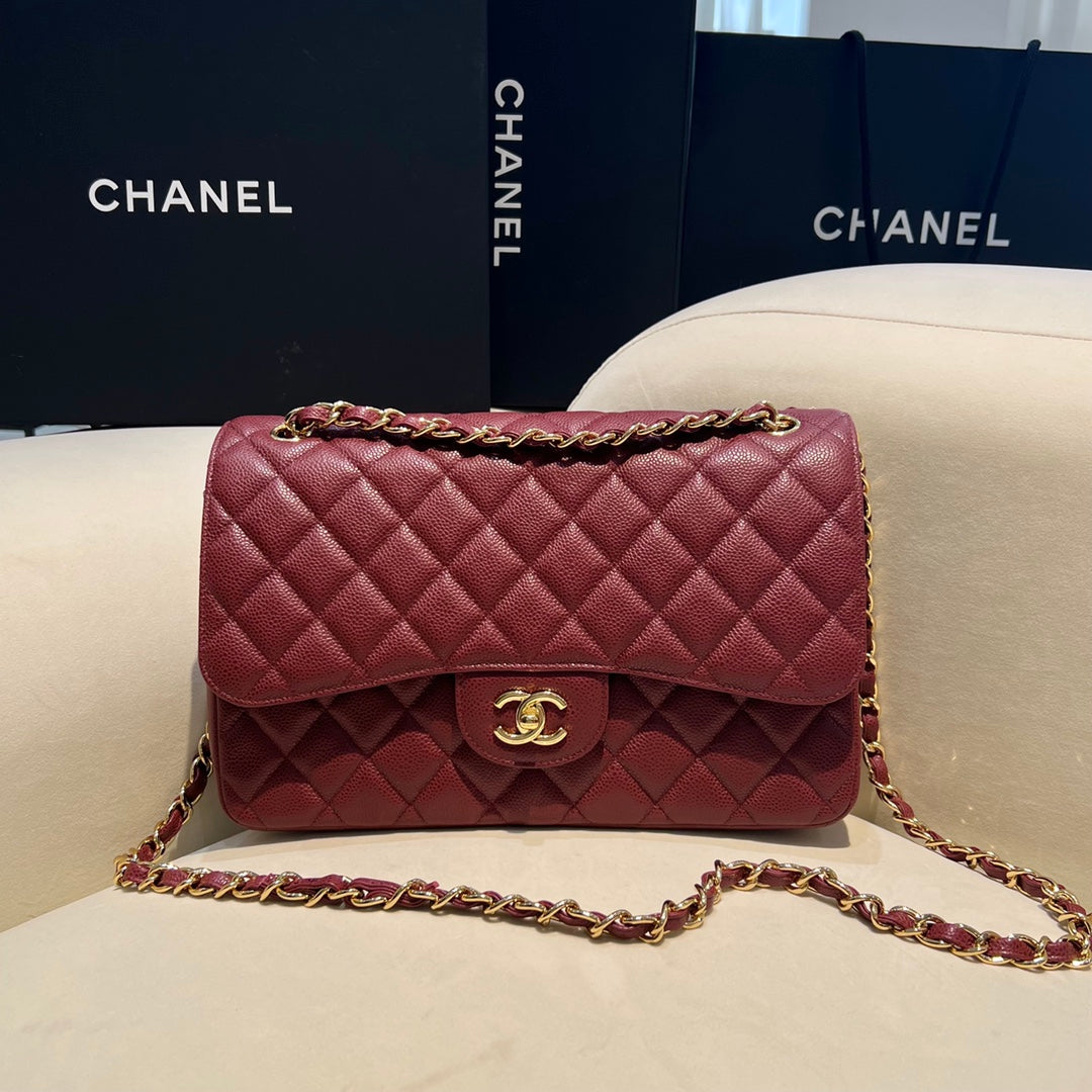 CH LARGE CLASSIC HANDBAG 30 Grained Calfskin Red Wine Color