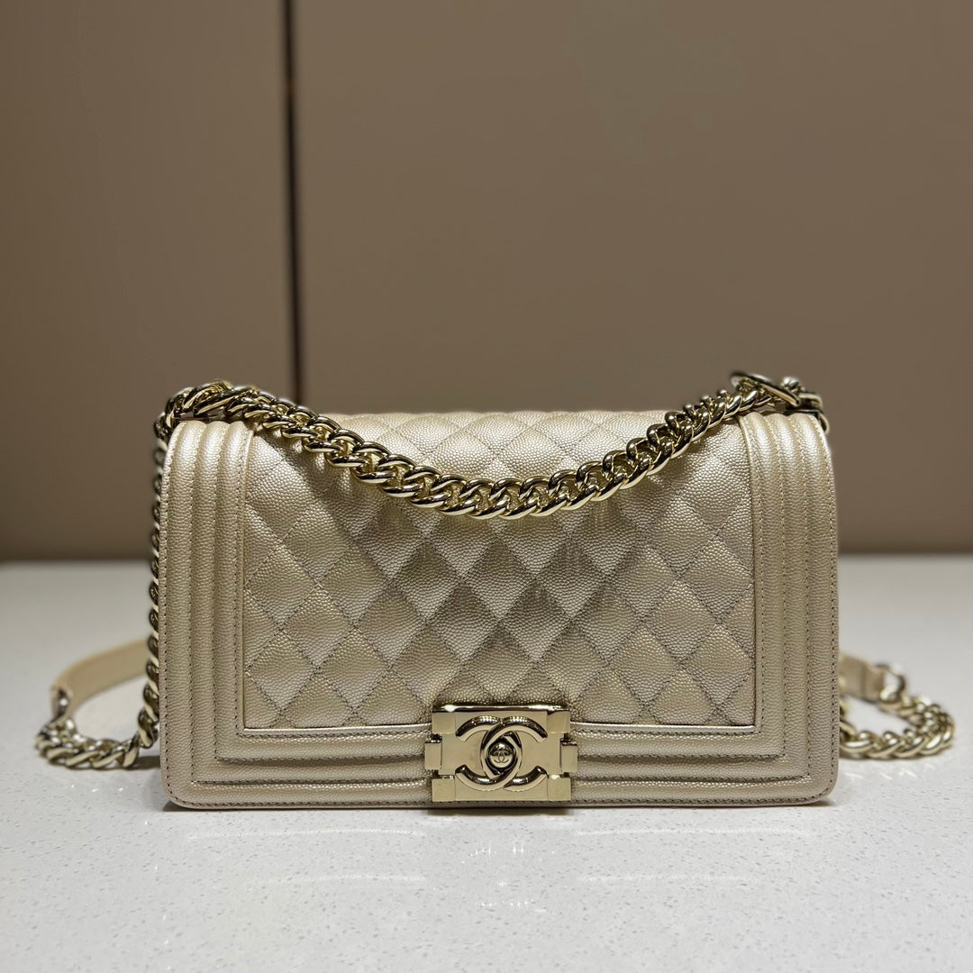 CH BOY HANDBAG 25 Small Grained Calfskin Champagne Gold