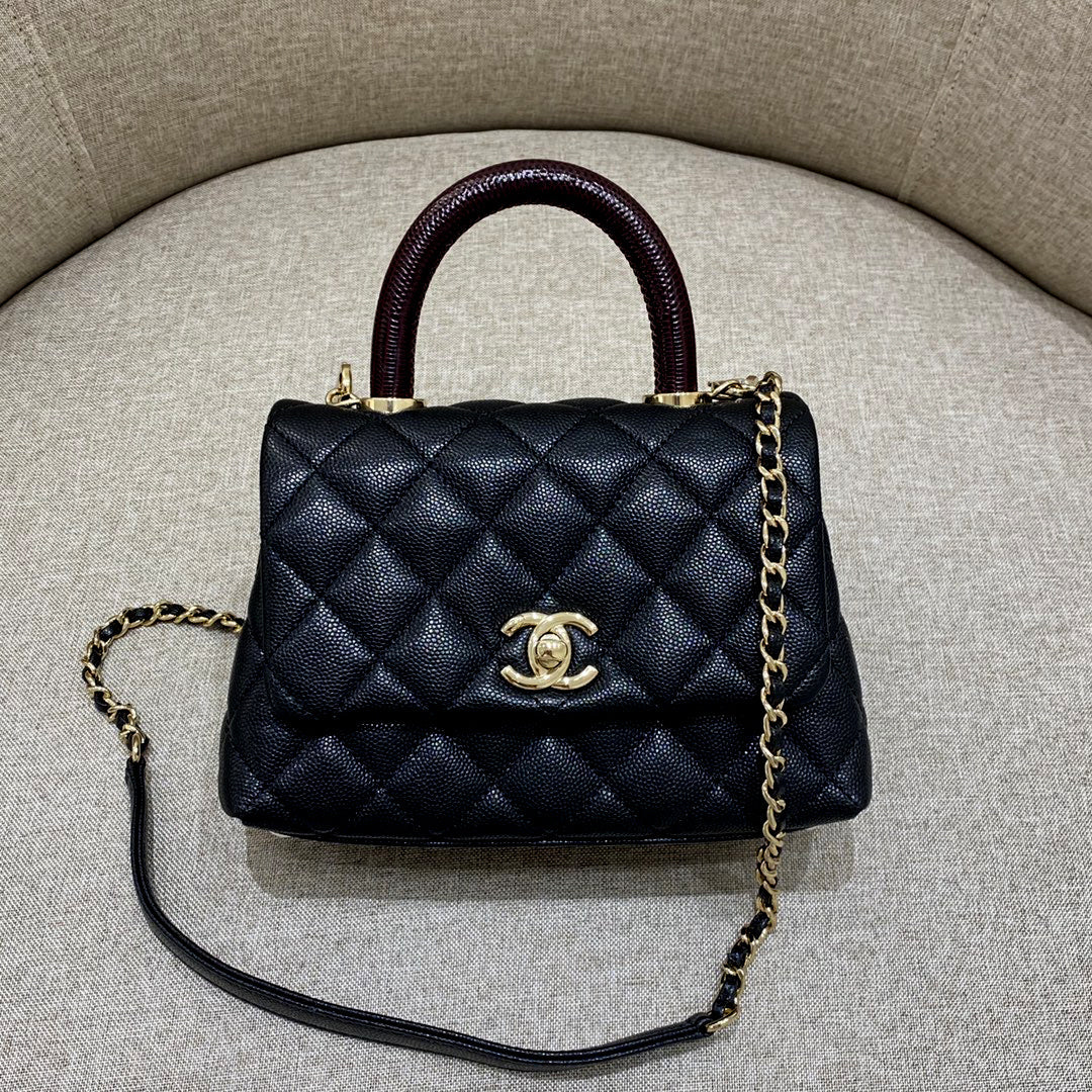 CH MINI FLAP BAG WITH TOP HANDLE 19 Grained Calfskin Lizard Handle Black