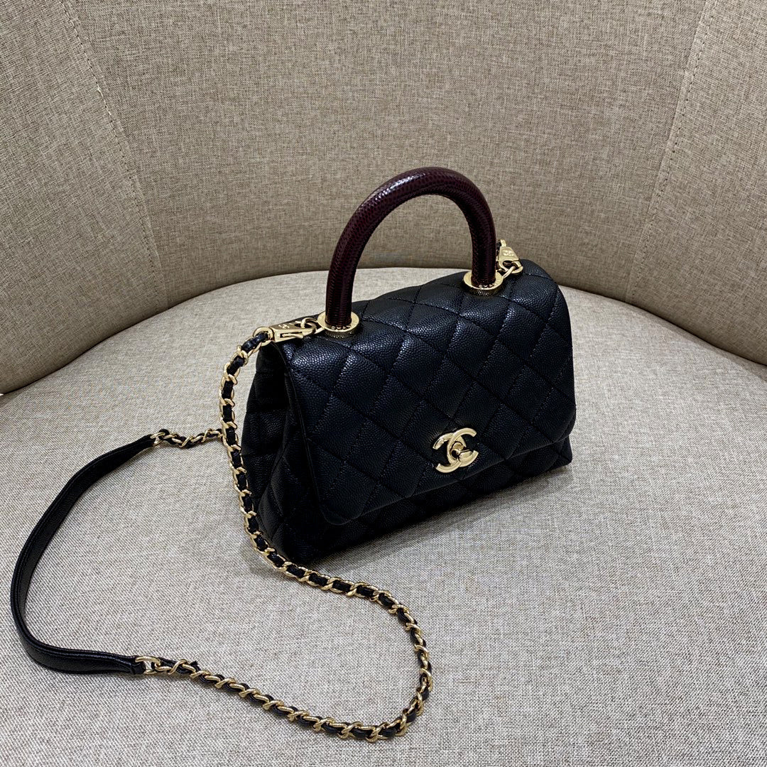 CH MINI FLAP BAG WITH TOP HANDLE 19 Grained Calfskin Lizard Handle Black