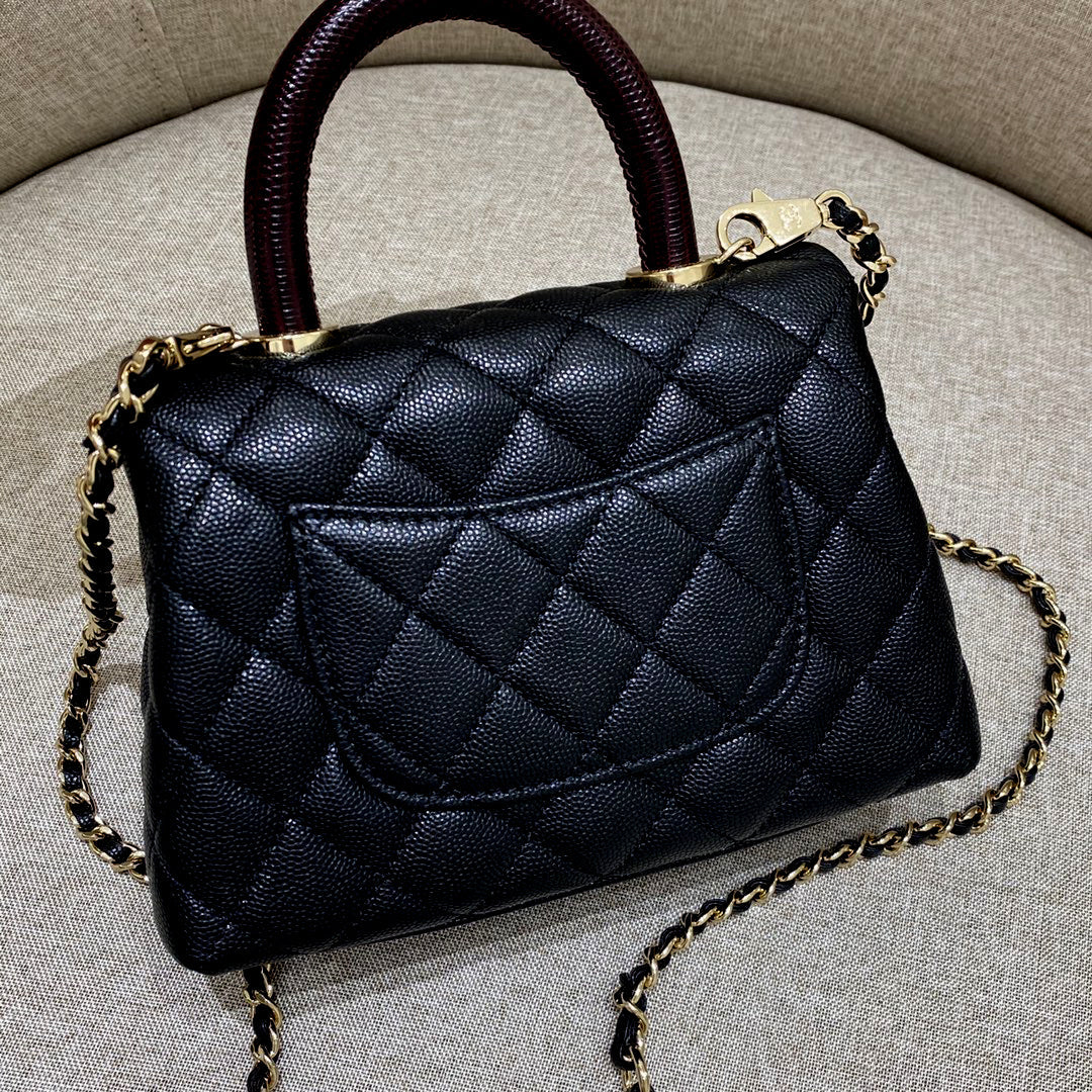 CH MINI FLAP BAG WITH TOP HANDLE 19 Grained Calfskin Lizard Handle Black