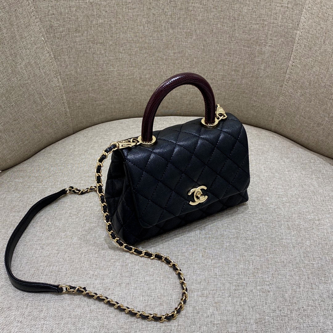 CH MINI FLAP BAG WITH TOP HANDLE 19 Grained Calfskin Lizard Handle Black