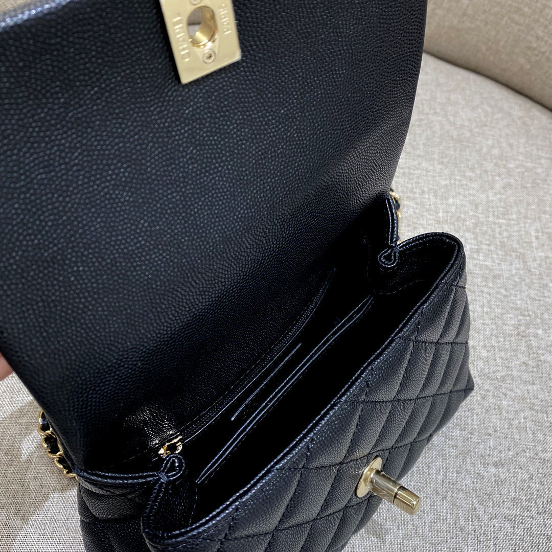 CH MINI FLAP BAG WITH TOP HANDLE 19 Grained Calfskin Lizard Handle Black