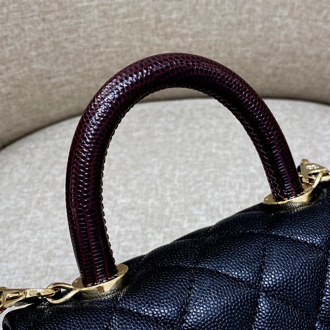 CH MINI FLAP BAG WITH TOP HANDLE 19 Grained Calfskin Lizard Handle Black