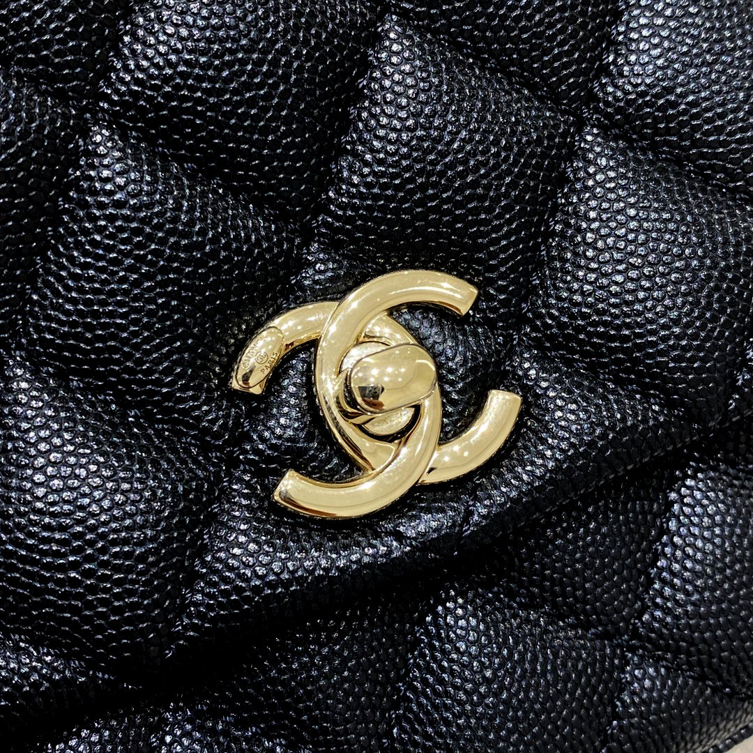 CH MINI FLAP BAG WITH TOP HANDLE 19 Grained Calfskin Lizard Handle Black