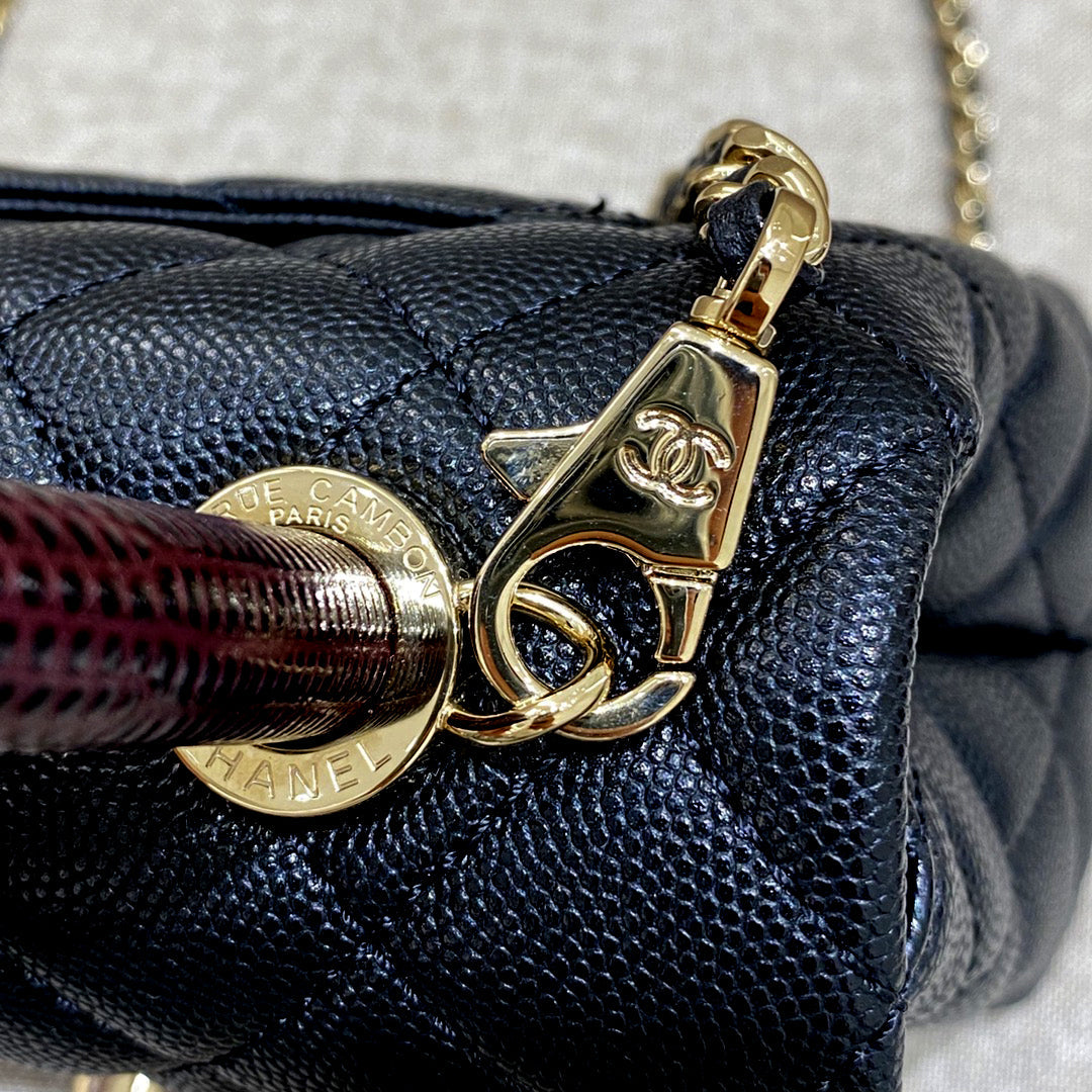 CH MINI FLAP BAG WITH TOP HANDLE 19 Grained Calfskin Lizard Handle Black