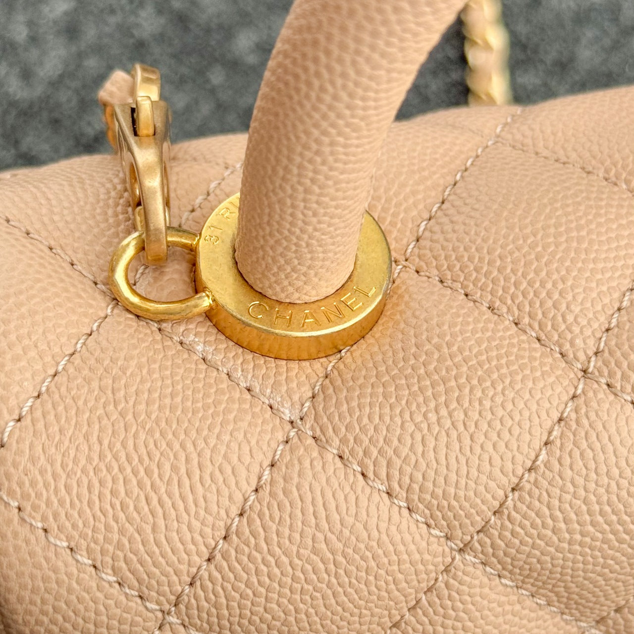 CH MINI FLAP BAG WITH TOP HANDLE 19 Grained Calfskin Light Teas