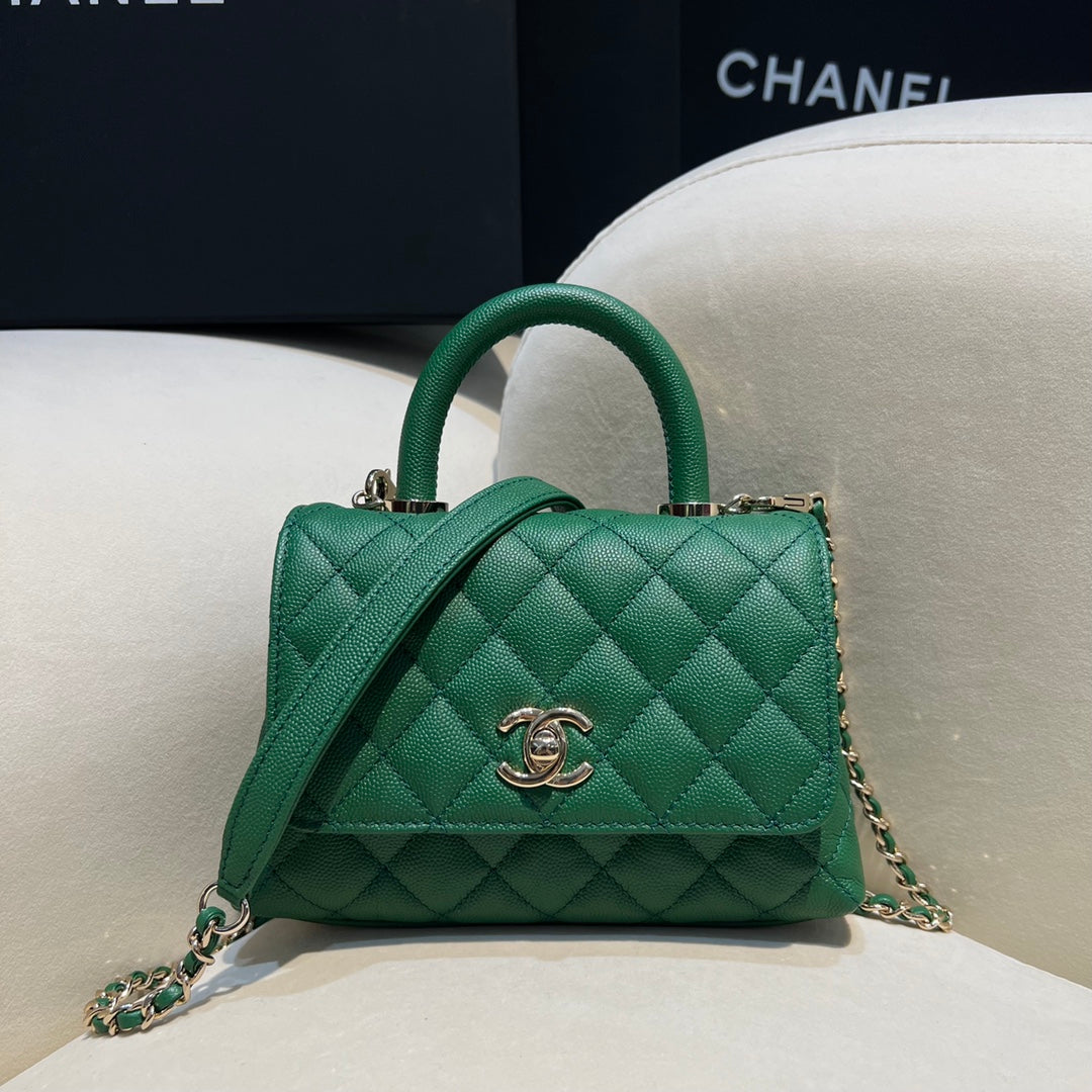 CH MINI FLAP BAG WITH TOP HANDLE 19 Grained Calfskin Green