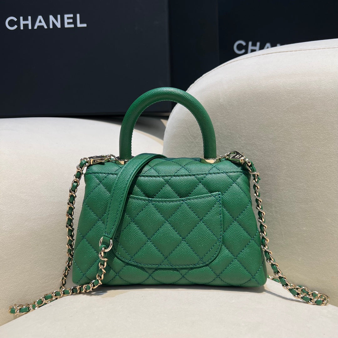 CH MINI FLAP BAG WITH TOP HANDLE 19 Grained Calfskin Green