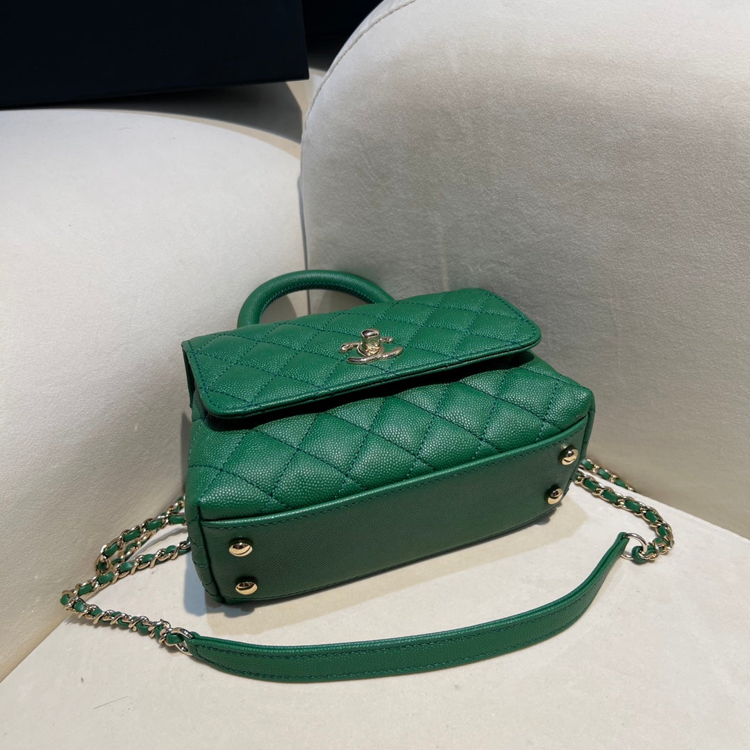 CH MINI FLAP BAG WITH TOP HANDLE 19 Grained Calfskin Green