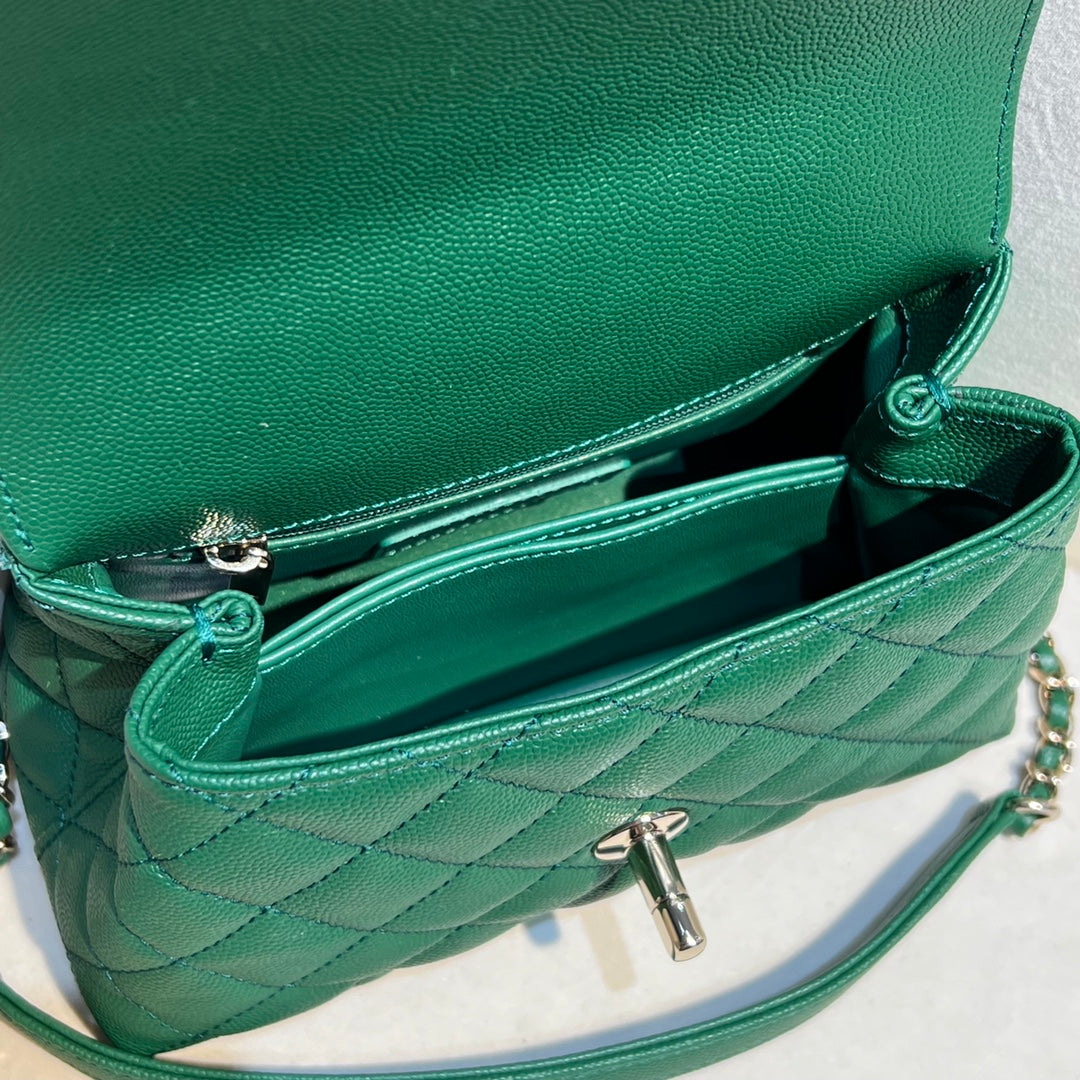 CH MINI FLAP BAG WITH TOP HANDLE 19 Grained Calfskin Green
