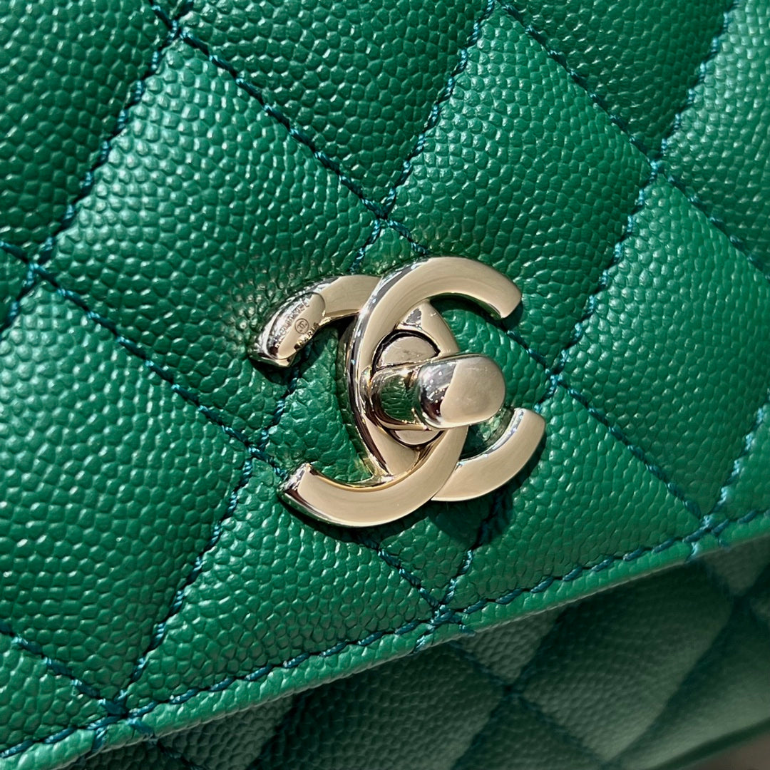 CH MINI FLAP BAG WITH TOP HANDLE 19 Grained Calfskin Green