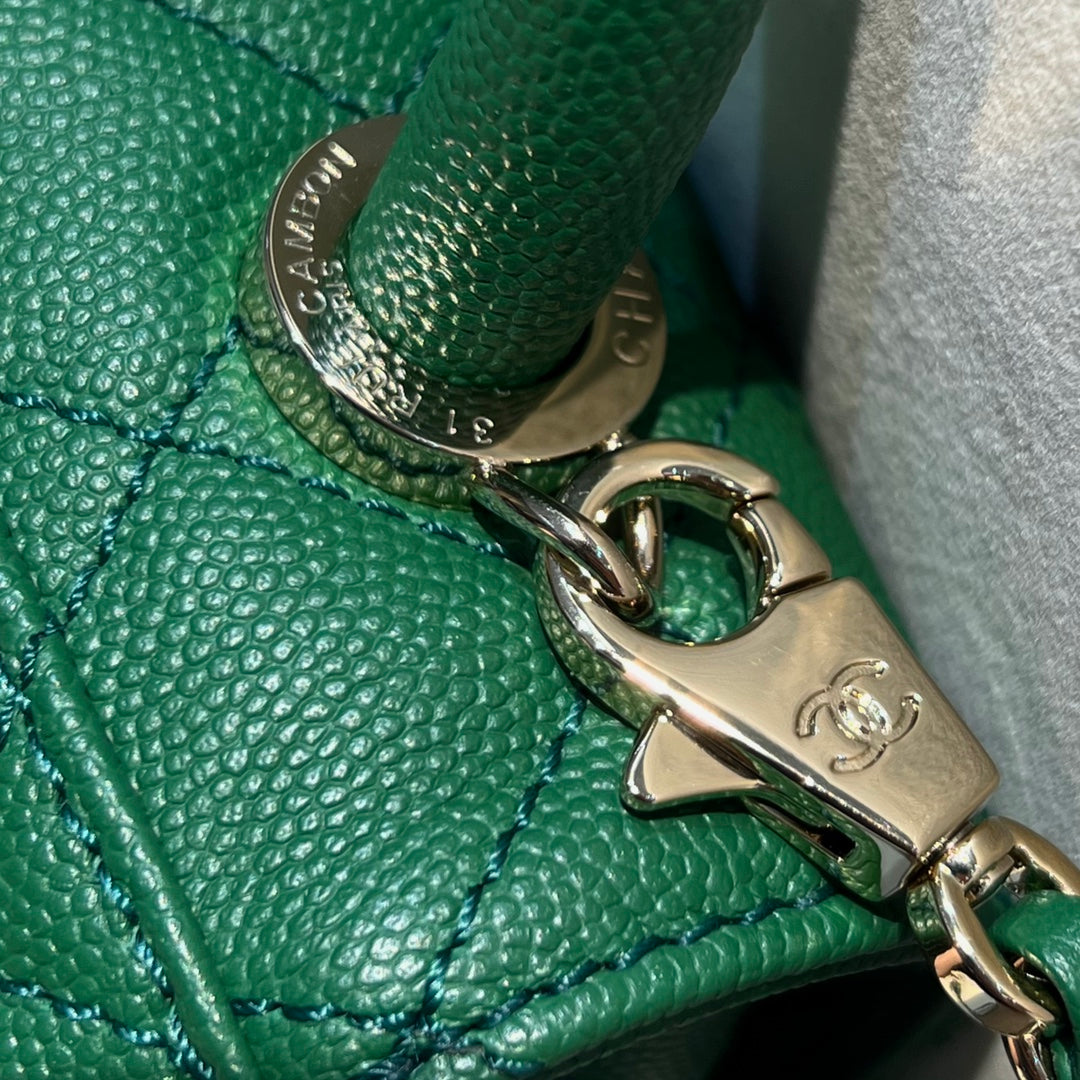 CH MINI FLAP BAG WITH TOP HANDLE 19 Grained Calfskin Green
