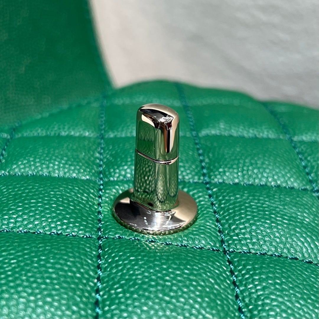 CH MINI FLAP BAG WITH TOP HANDLE 19 Grained Calfskin Green