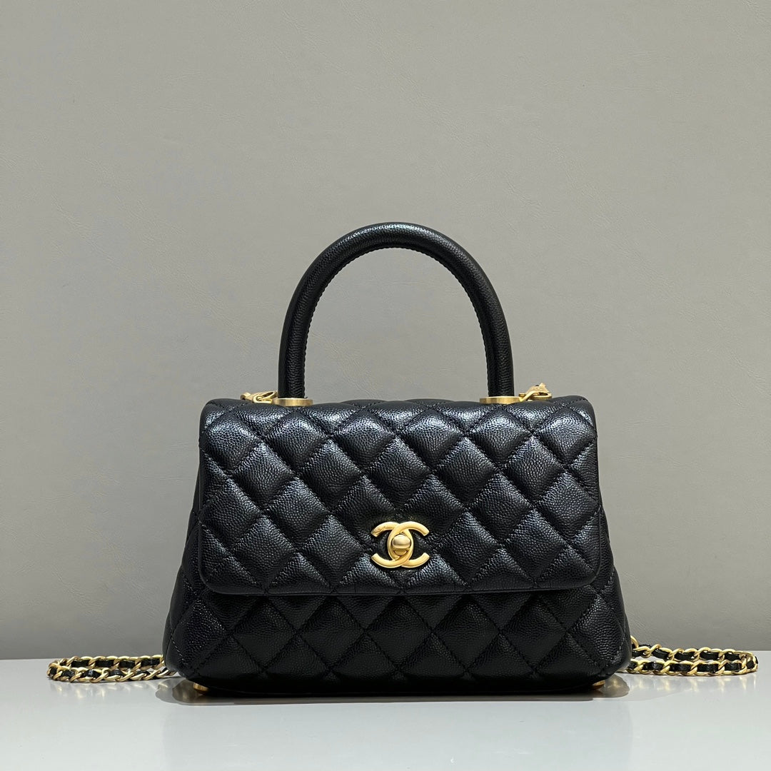 CH FLAP BAG WITH TOP HANDLE 24 Grained Calfskin Black
