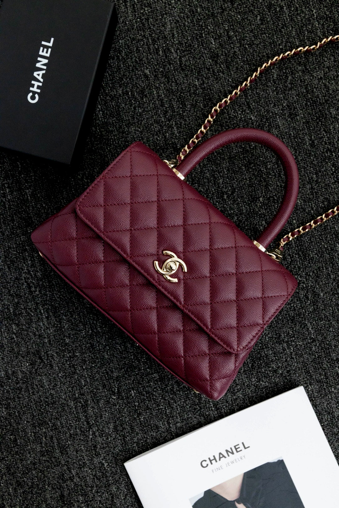 CH FLAP BAG WITH TOP HANDLE 24 Small Grained Calfskin Red Wine Color