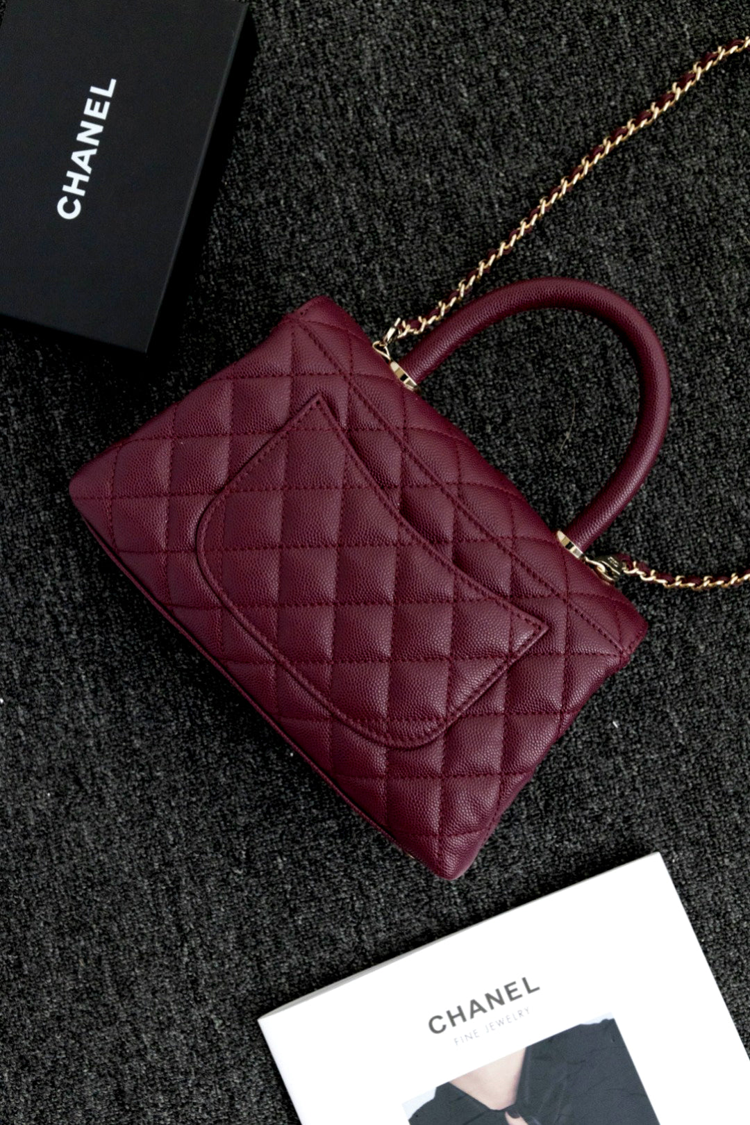 CH FLAP BAG WITH TOP HANDLE 24 Small Grained Calfskin Red Wine Color