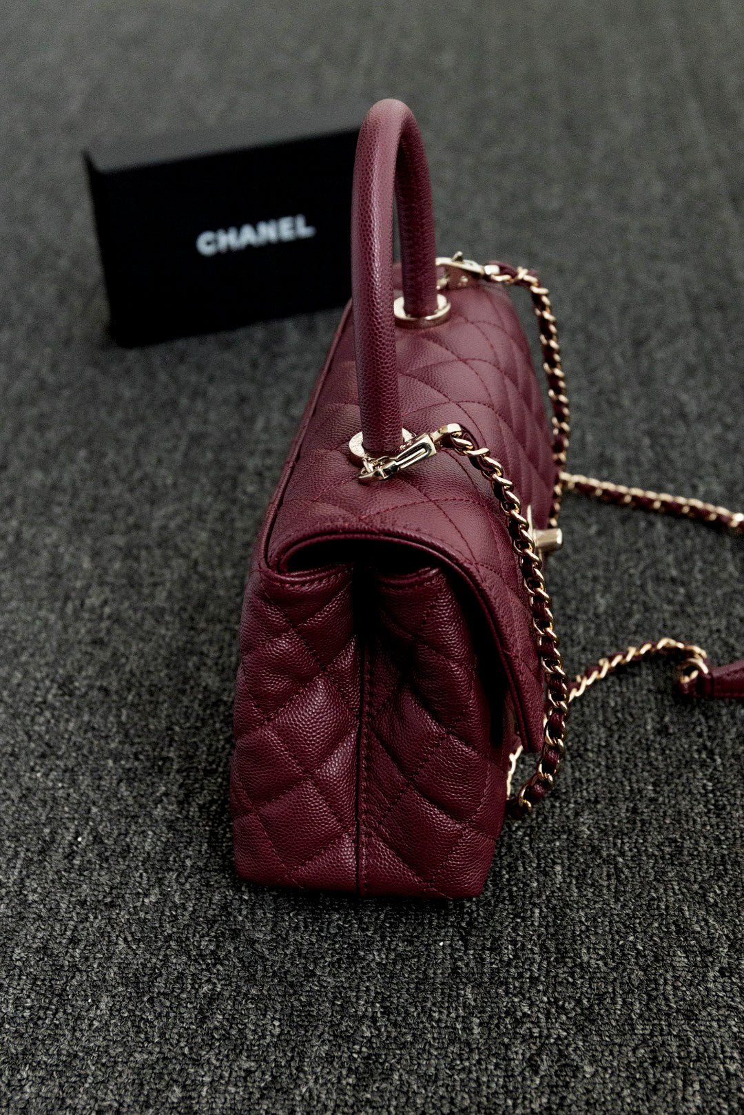 CH FLAP BAG WITH TOP HANDLE 24 Small Grained Calfskin Red Wine Color