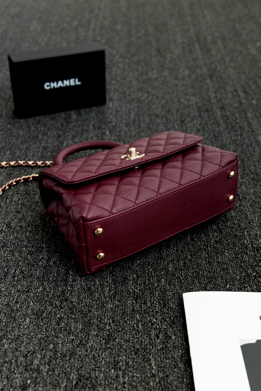 CH FLAP BAG WITH TOP HANDLE 24 Small Grained Calfskin Red Wine Color