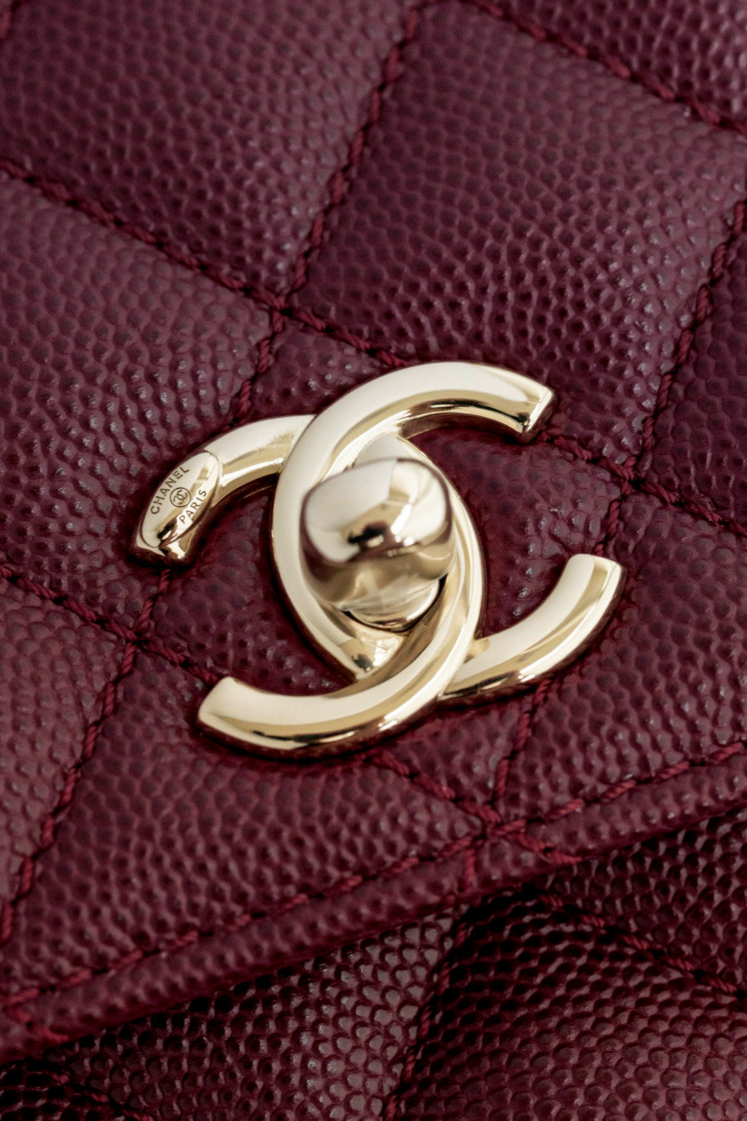 CH FLAP BAG WITH TOP HANDLE 24 Small Grained Calfskin Red Wine Color