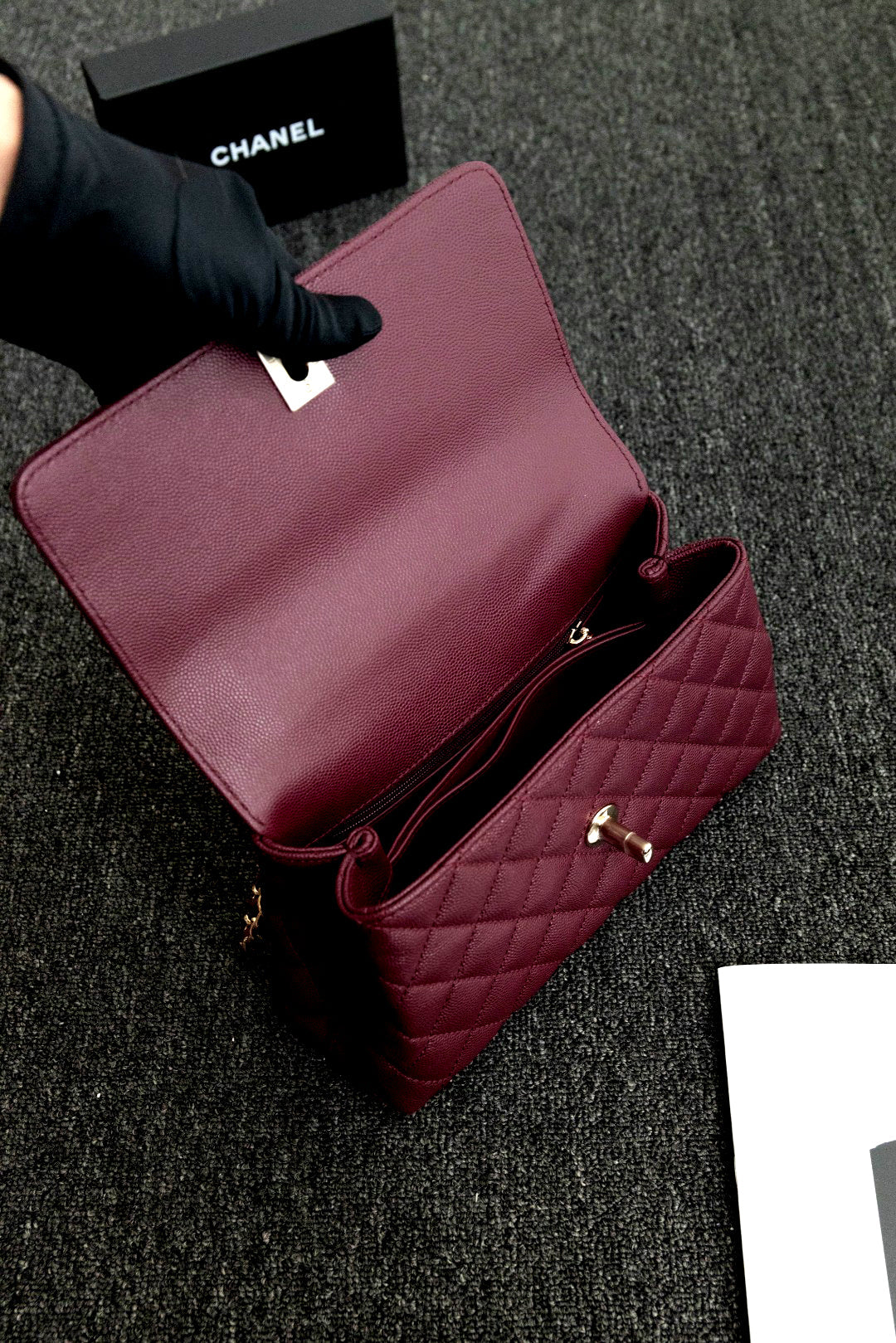 CH FLAP BAG WITH TOP HANDLE 24 Small Grained Calfskin Red Wine Color