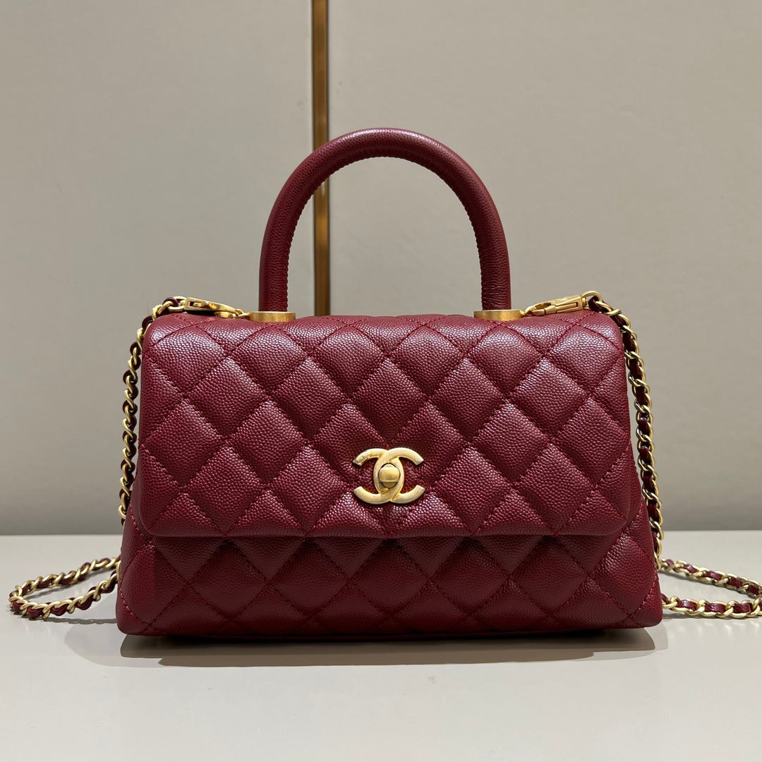 CH FLAP BAG WITH TOP HANDLE 24 Small Grained Calfskin Red Wine Color