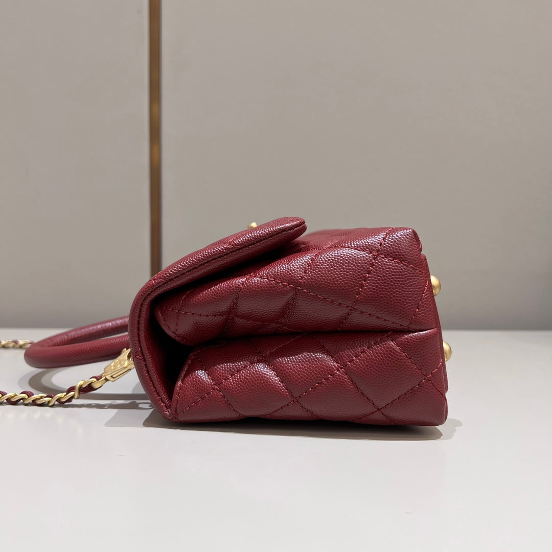 CH FLAP BAG WITH TOP HANDLE 24 Small Grained Calfskin Red Wine Color
