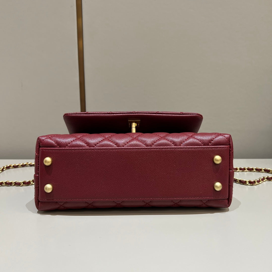 CH FLAP BAG WITH TOP HANDLE 24 Small Grained Calfskin Red Wine Color