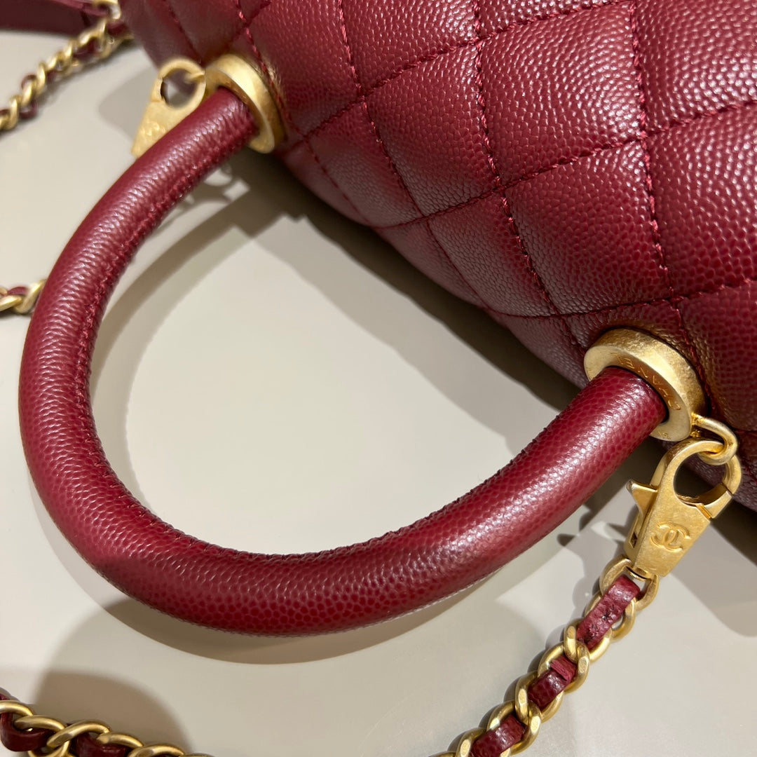 CH FLAP BAG WITH TOP HANDLE 24 Small Grained Calfskin Red Wine Color