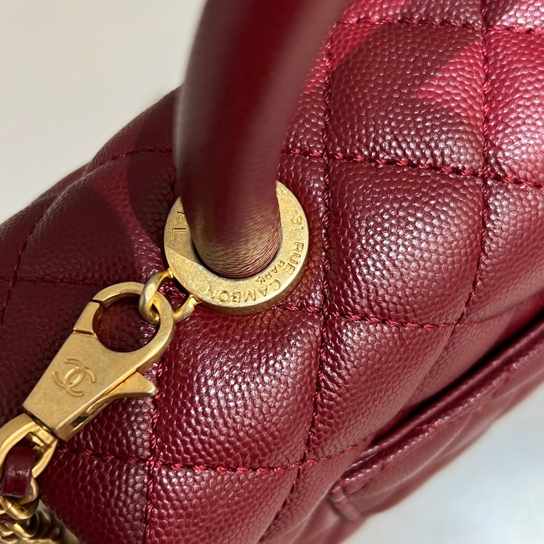 CH FLAP BAG WITH TOP HANDLE 24 Small Grained Calfskin Red Wine Color