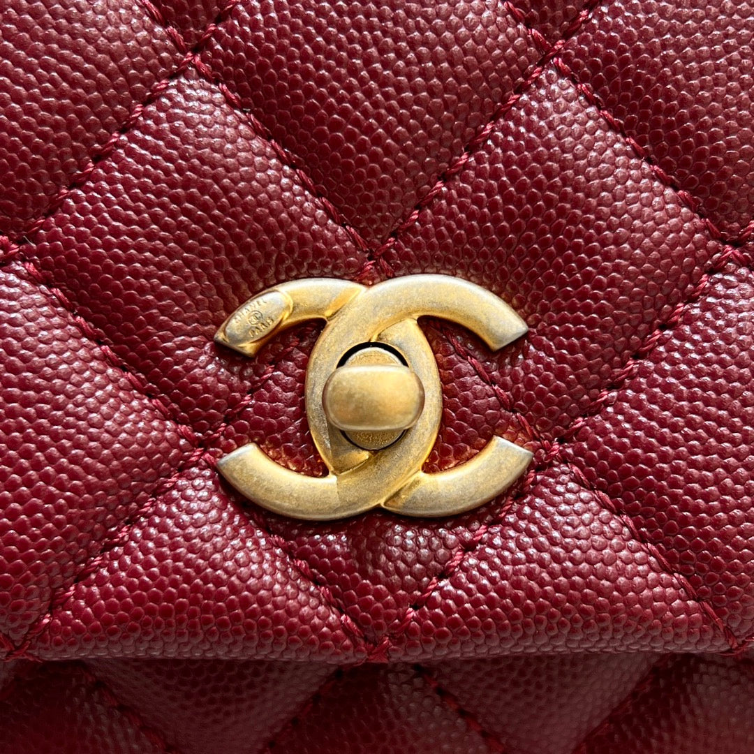 CH FLAP BAG WITH TOP HANDLE 24 Small Grained Calfskin Red Wine Color