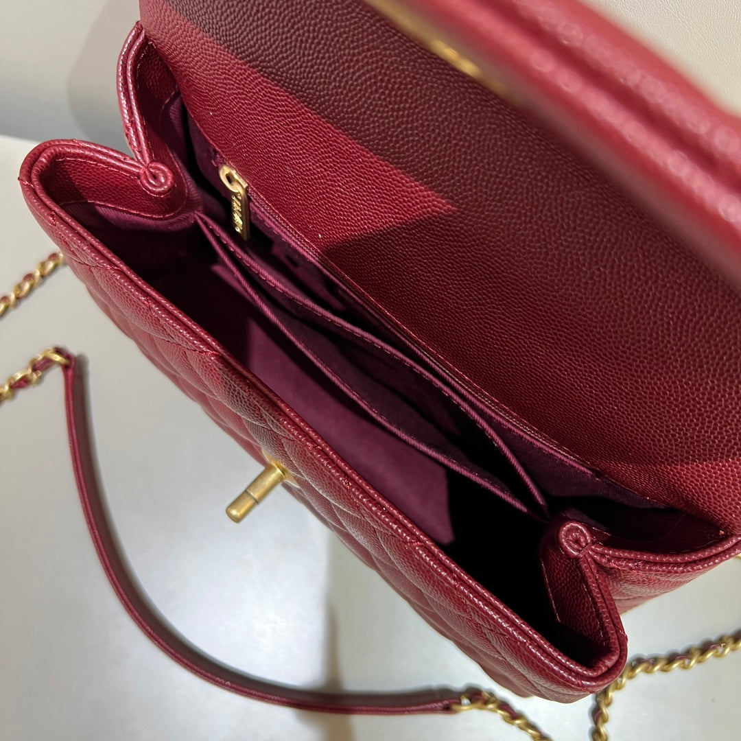CH FLAP BAG WITH TOP HANDLE 24 Small Grained Calfskin Red Wine Color