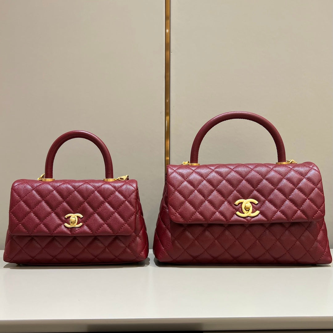 CH FLAP BAG WITH TOP HANDLE 24 Small Grained Calfskin Red Wine Color