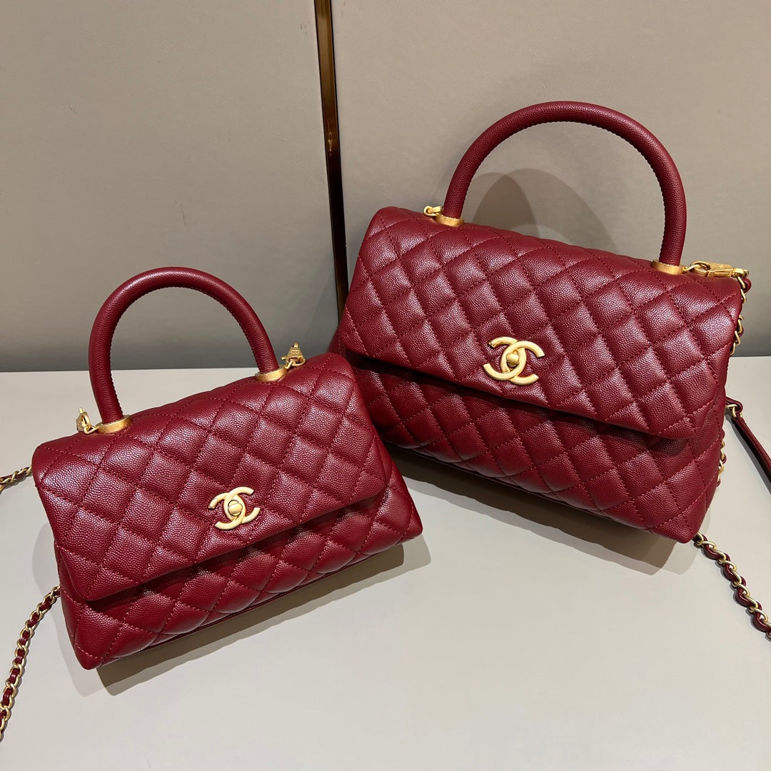 CH FLAP BAG WITH TOP HANDLE 24 Small Grained Calfskin Red Wine Color