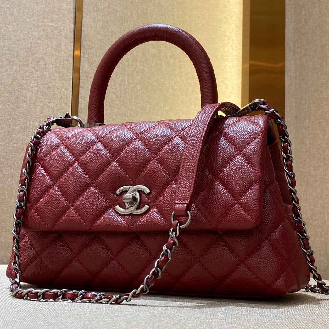 CH FLAP BAG WITH TOP HANDLE 24 Small Grained Calfskin Red Wine Color