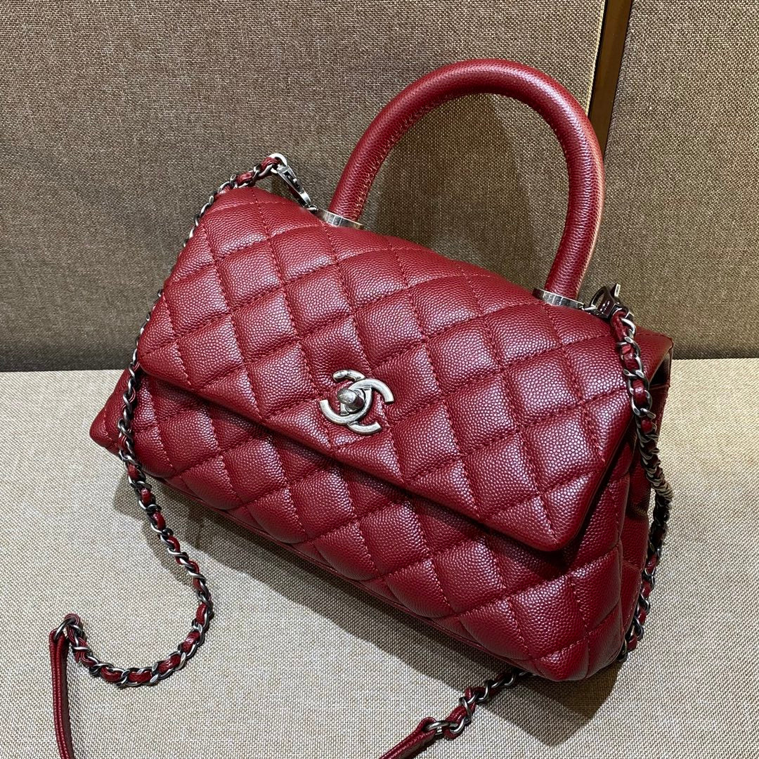 CH FLAP BAG WITH TOP HANDLE 24 Small Grained Calfskin Red Wine Color