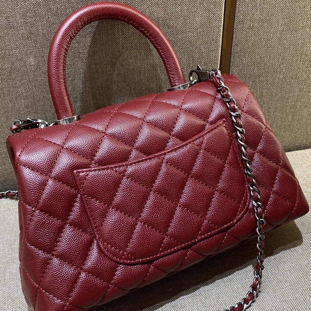 CH FLAP BAG WITH TOP HANDLE 24 Small Grained Calfskin Red Wine Color