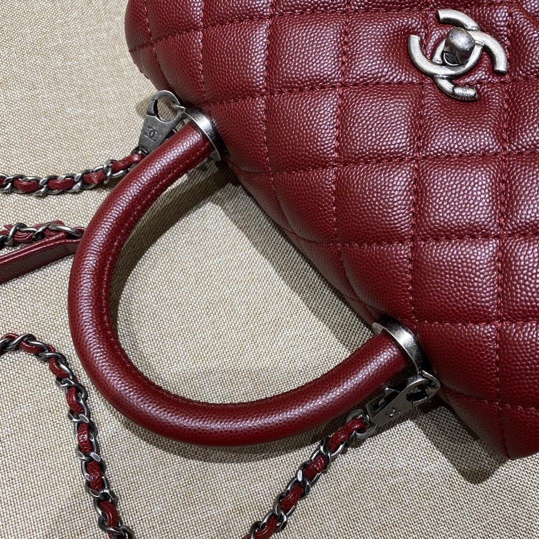 CH FLAP BAG WITH TOP HANDLE 24 Small Grained Calfskin Red Wine Color