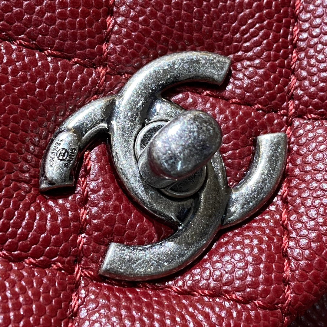 CH FLAP BAG WITH TOP HANDLE 24 Small Grained Calfskin Red Wine Color